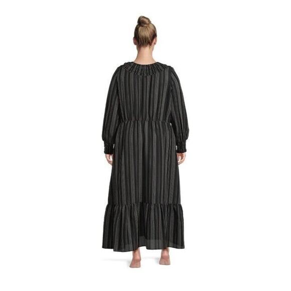 Terra & Sky Peasant Maxi Dress Black Ikat Stripe Tiered Long Sleeve Plus Size 1X - Picture 3 of 10